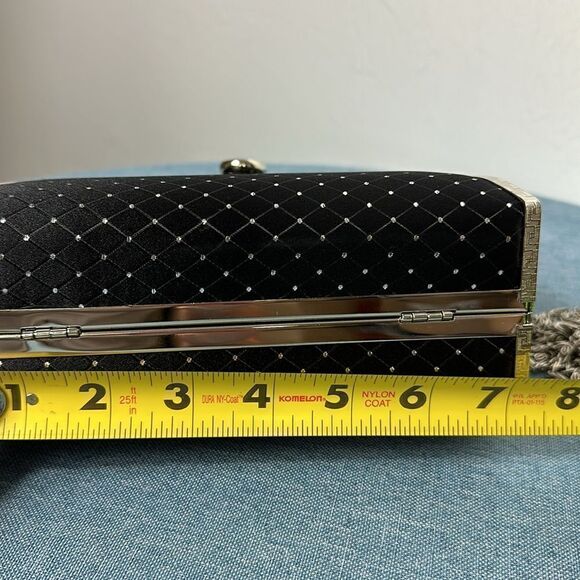 Black Evening Satin Rhinestones Beaded Purse With Chain - Picture 6 of 12